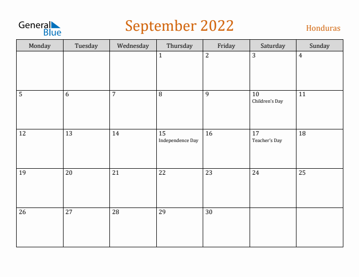 September 2022 Holiday Calendar with Monday Start