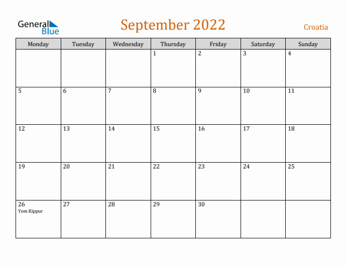 September 2022 Holiday Calendar with Monday Start