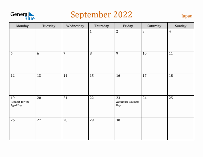 September 2022 Holiday Calendar with Monday Start