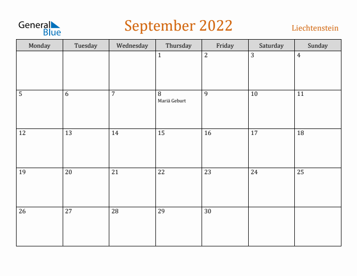 September 2022 Holiday Calendar with Monday Start