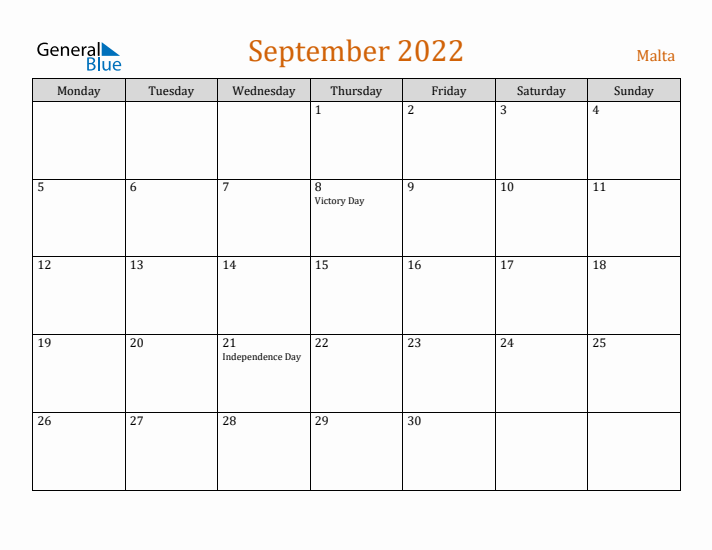 September 2022 Holiday Calendar with Monday Start