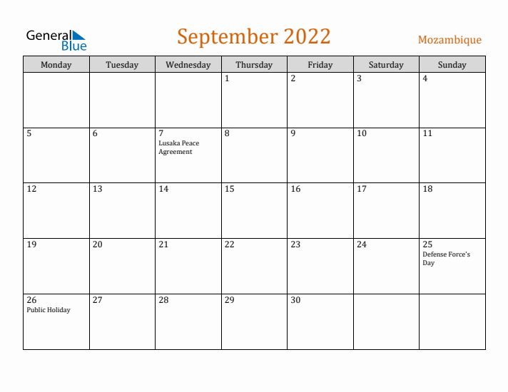 September 2022 Holiday Calendar with Monday Start