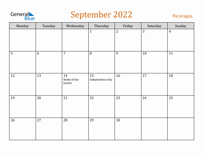 September 2022 Holiday Calendar with Monday Start