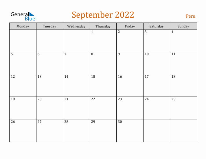 September 2022 Holiday Calendar with Monday Start