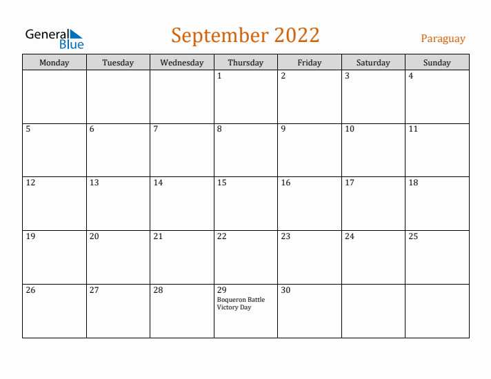 September 2022 Holiday Calendar with Monday Start