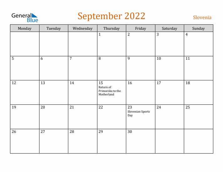 September 2022 Holiday Calendar with Monday Start