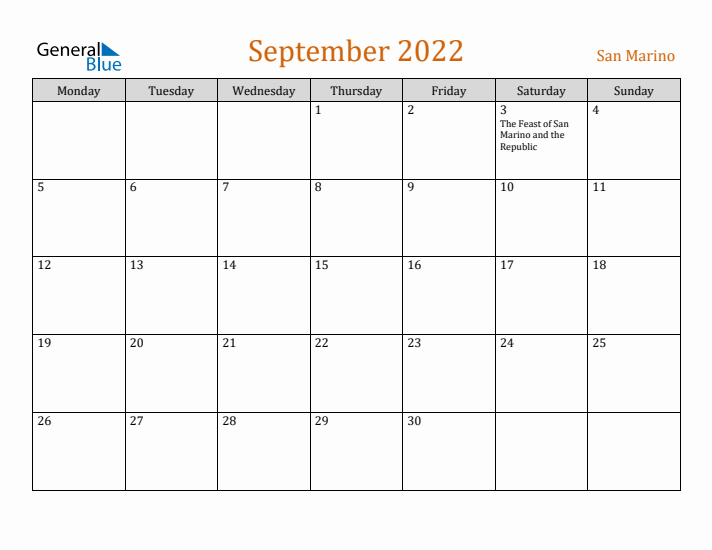 September 2022 Holiday Calendar with Monday Start