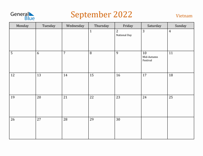 September 2022 Holiday Calendar with Monday Start