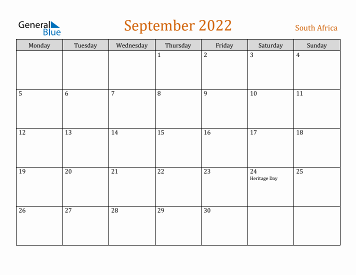 September 2022 Holiday Calendar with Monday Start