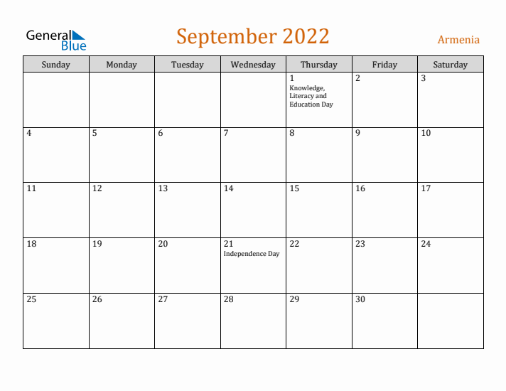 September 2022 Holiday Calendar with Sunday Start