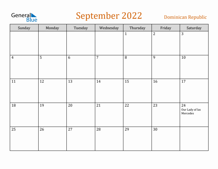 September 2022 Holiday Calendar with Sunday Start