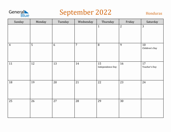 September 2022 Holiday Calendar with Sunday Start