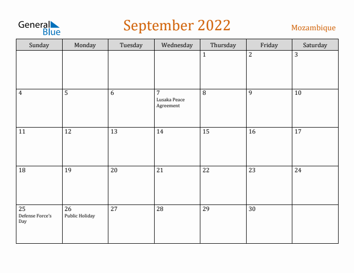 September 2022 Holiday Calendar with Sunday Start