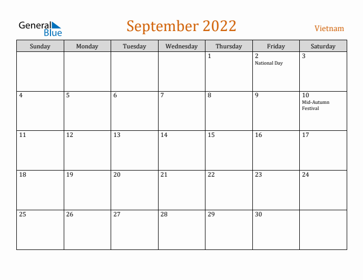 September 2022 Holiday Calendar with Sunday Start