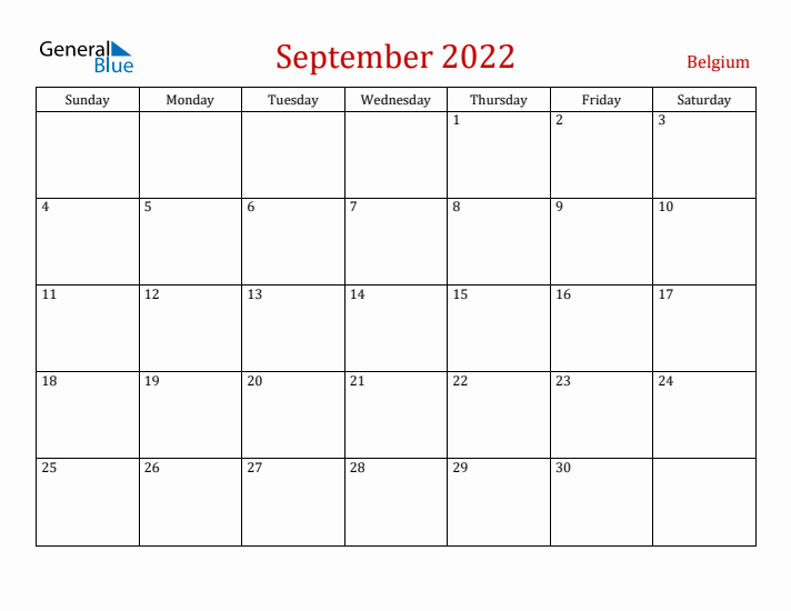 Belgium September 2022 Calendar - Sunday Start