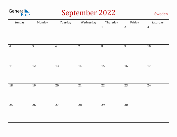 Sweden September 2022 Calendar - Sunday Start