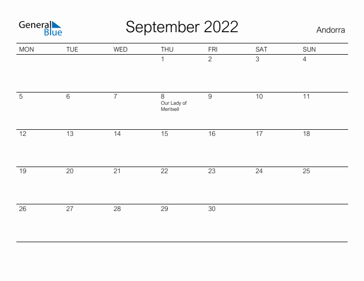 Printable September 2022 Calendar for Andorra