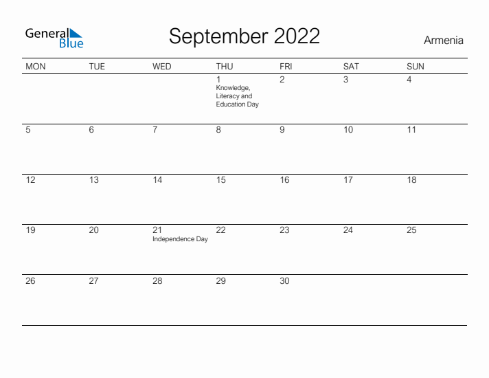 Printable September 2022 Calendar for Armenia