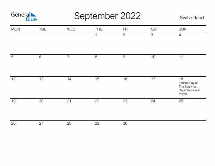 Printable September 2022 Calendar for Switzerland