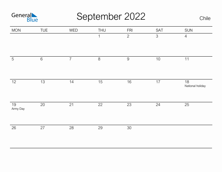 Printable September 2022 Calendar for Chile