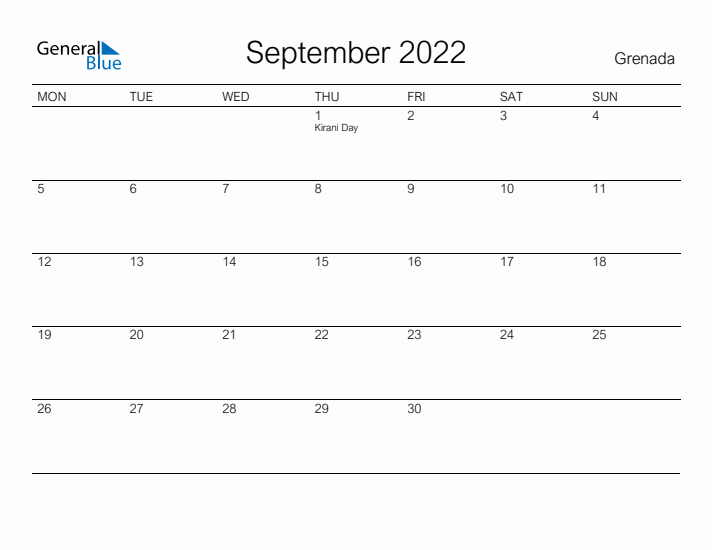 Printable September 2022 Calendar for Grenada