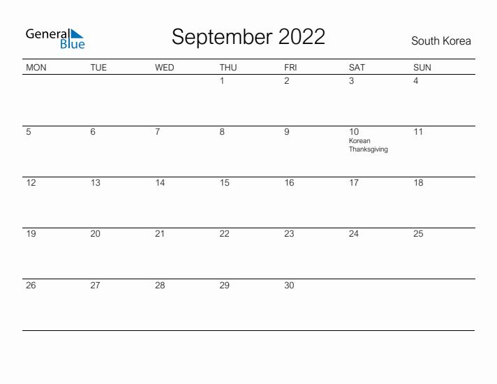 Printable September 2022 Calendar for South Korea