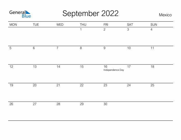 Printable September 2022 Calendar for Mexico