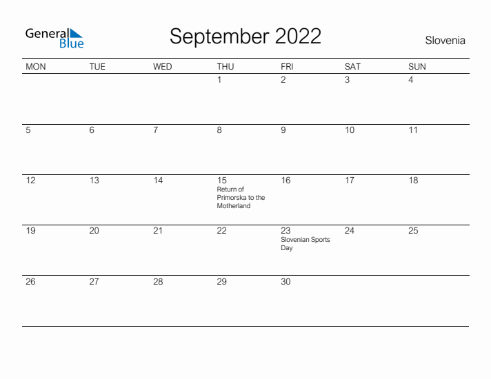 Printable September 2022 Calendar for Slovenia