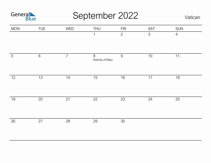 Printable September 2022 Calendar for Vatican