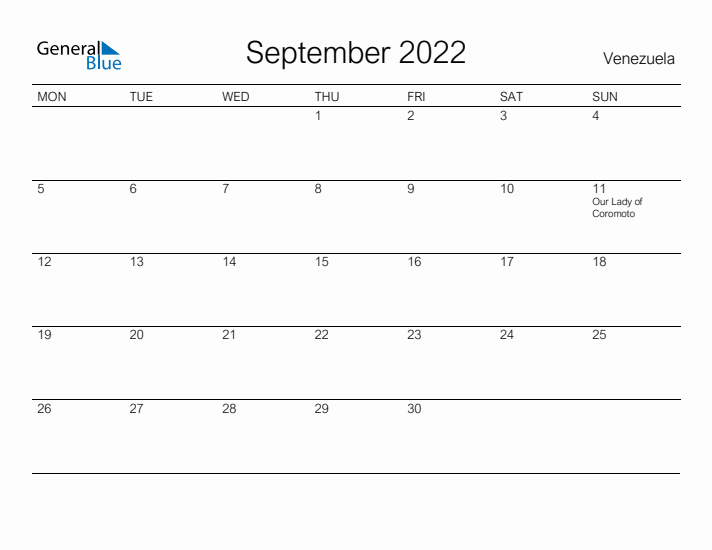 Printable September 2022 Calendar for Venezuela