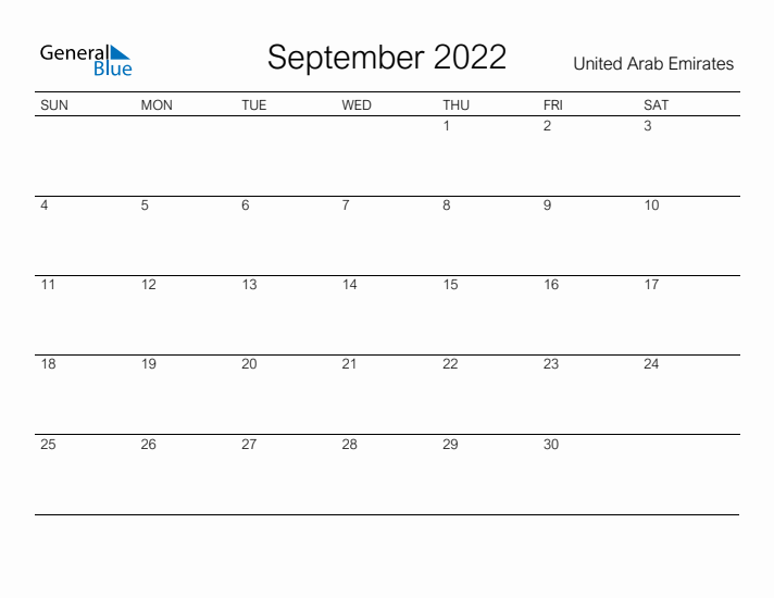 Printable September 2022 Calendar for United Arab Emirates