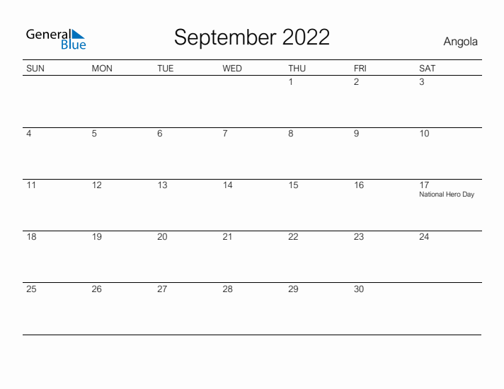 Printable September 2022 Calendar for Angola