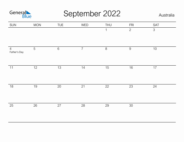 Printable September 2022 Calendar for Australia