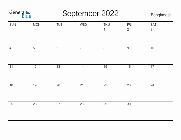 Printable September 2022 Calendar for Bangladesh