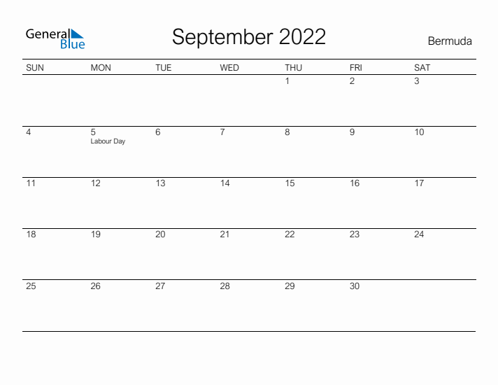 Printable September 2022 Calendar for Bermuda