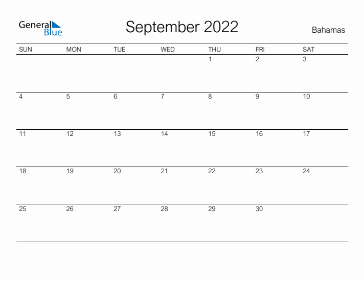 Printable September 2022 Calendar for Bahamas