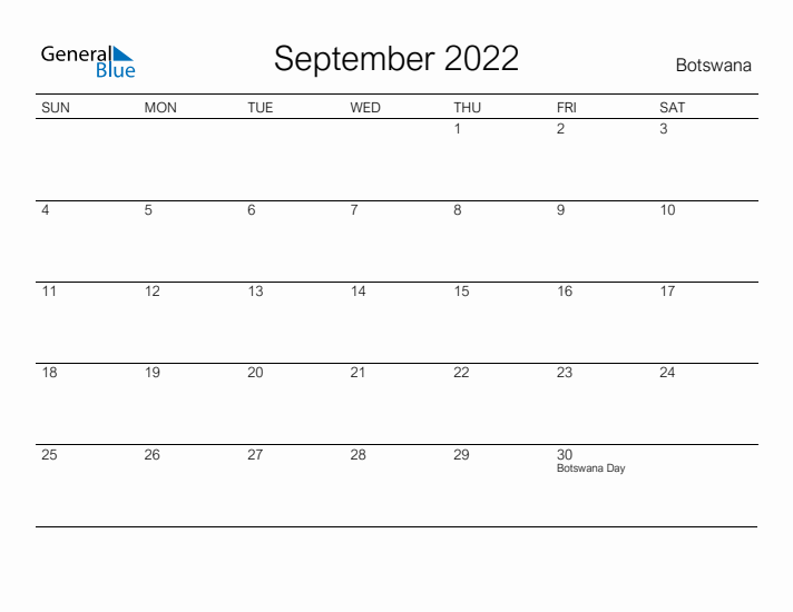 Printable September 2022 Calendar for Botswana