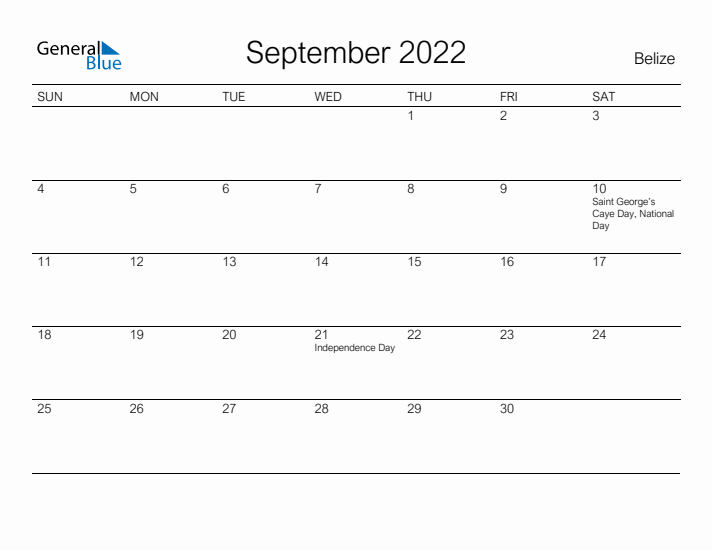 Printable September 2022 Calendar for Belize