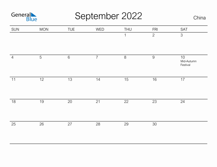 Printable September 2022 Calendar for China