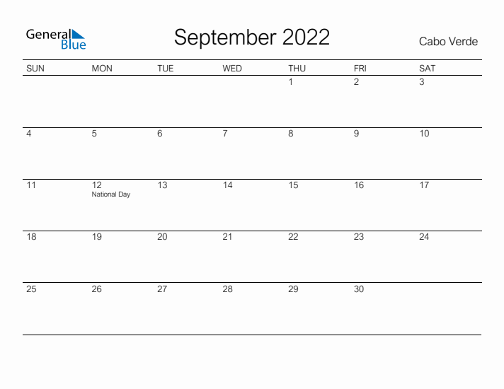 Printable September 2022 Calendar for Cabo Verde