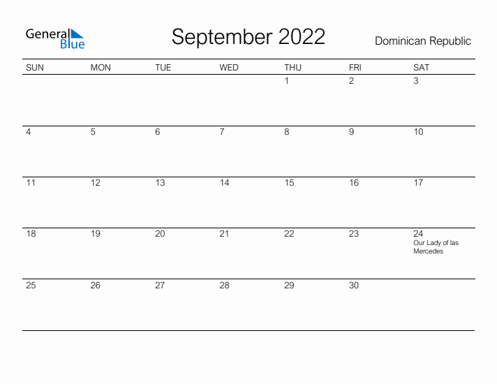 Printable September 2022 Calendar for Dominican Republic