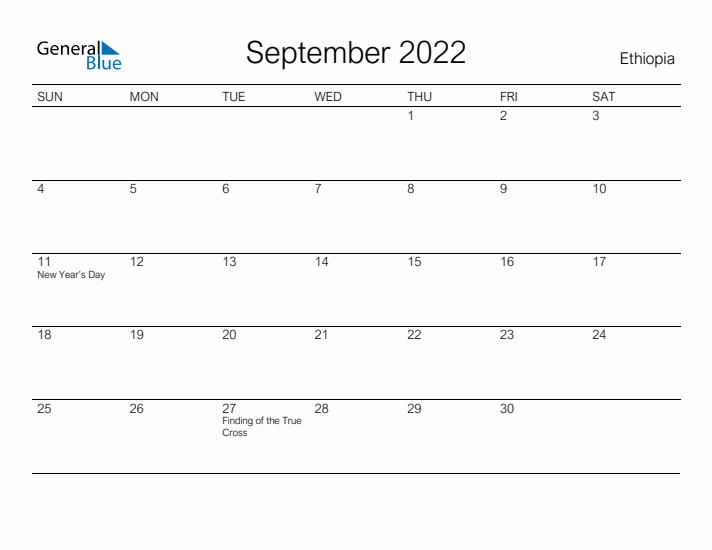 Printable September 2022 Calendar for Ethiopia