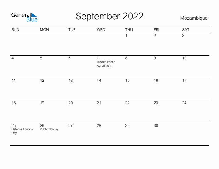 Printable September 2022 Calendar for Mozambique