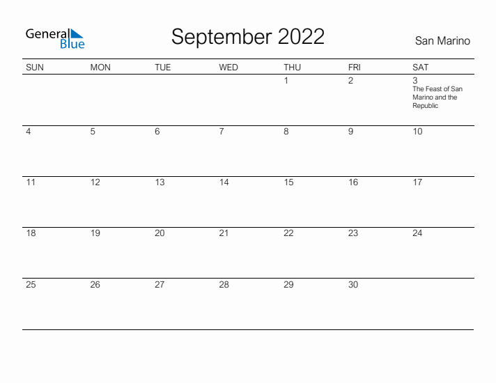 Printable September 2022 Calendar for San Marino