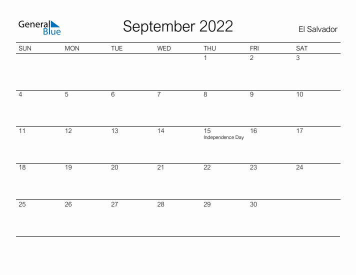 Printable September 2022 Calendar for El Salvador