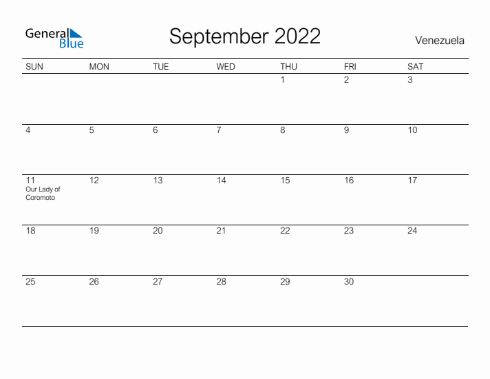 Printable September 2022 Calendar for Venezuela