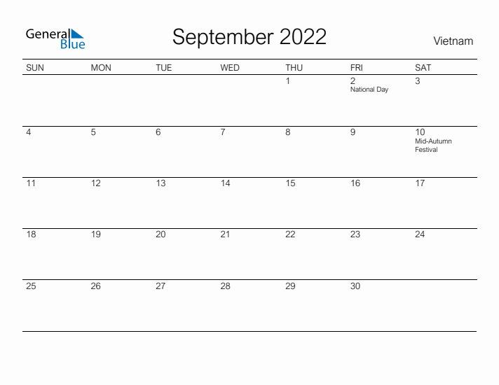 Printable September 2022 Calendar for Vietnam