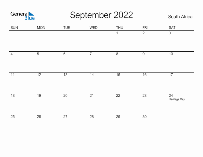 Printable September 2022 Calendar for South Africa