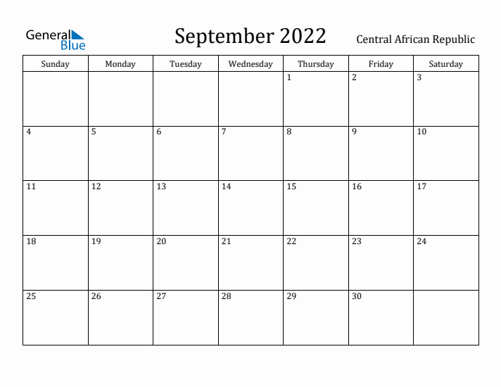 September 2022 Calendar Central African Republic