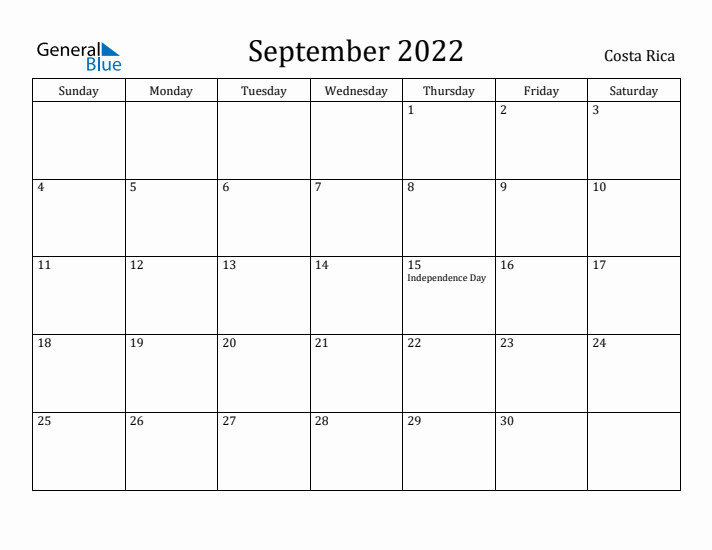 September 2022 Calendar Costa Rica